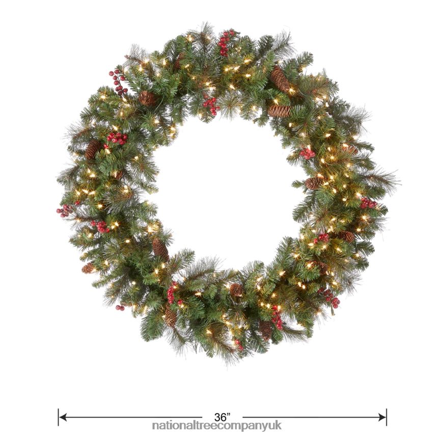 Greenery | National Tree Company Pre-Lit Artificial Christmas Wreath Green Crestwood Spruce White Lights Decorated with Pine Cones Berry Clusters Frosted Branches Christmas Collection 36 Inche